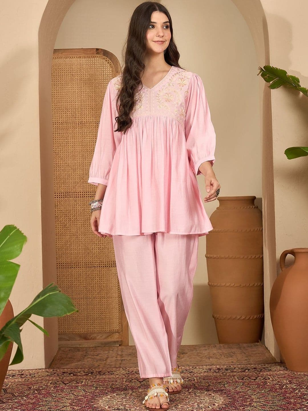 Sangria Embroidered V-Neck Tunic & Trousers Co-Ords - view 1