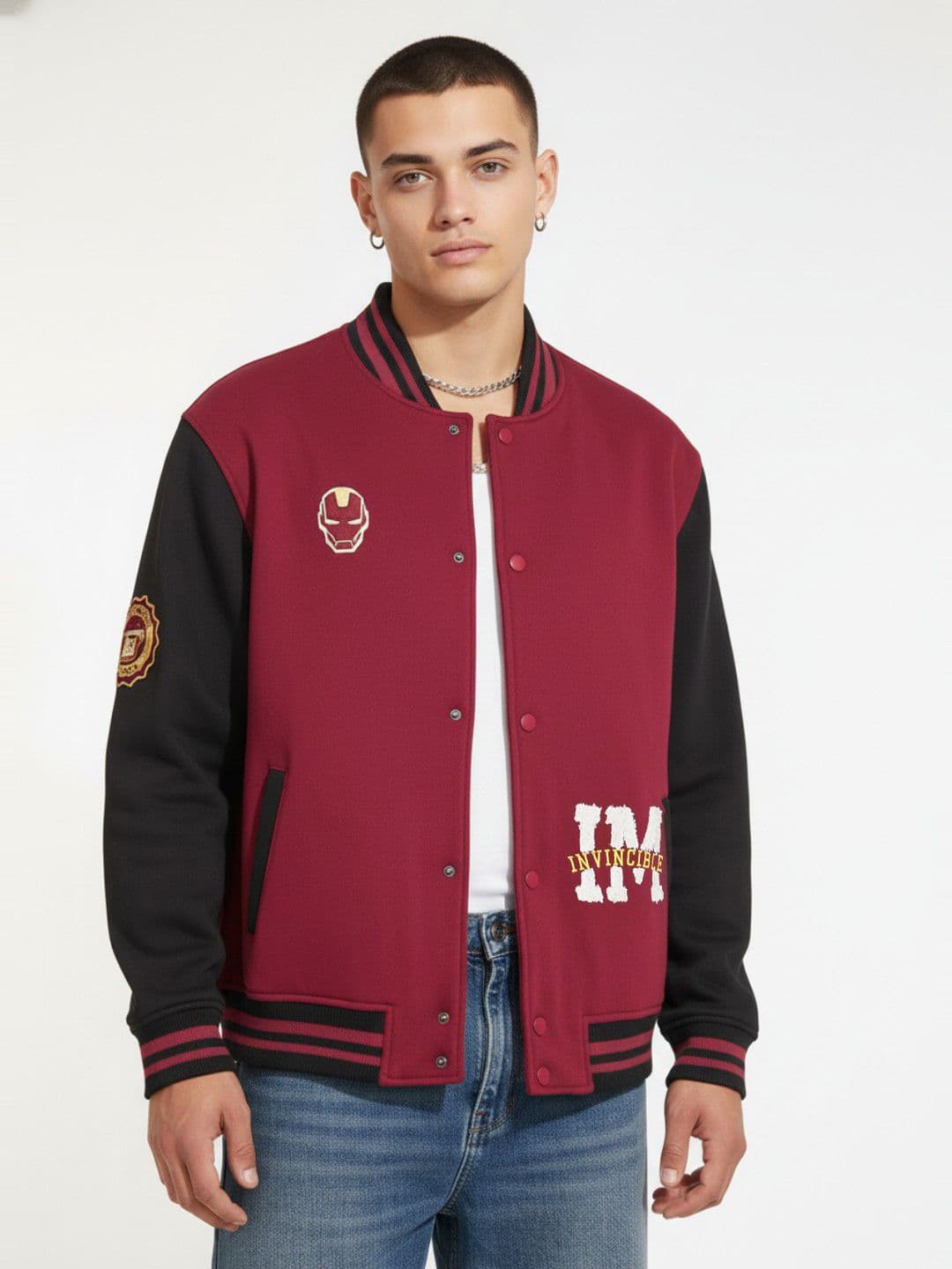 glitchez Typography Applique Stand Collar Varsity Jacket - view 1
