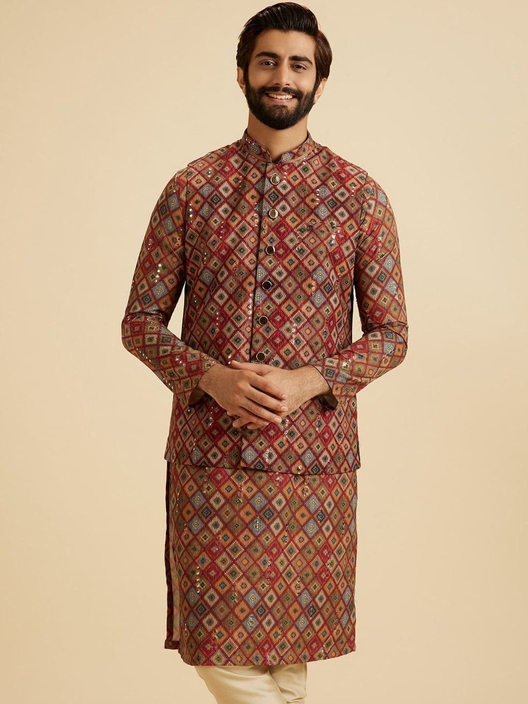 Manyavar Printed Mandarin Collar Nehru Jackets - view 1