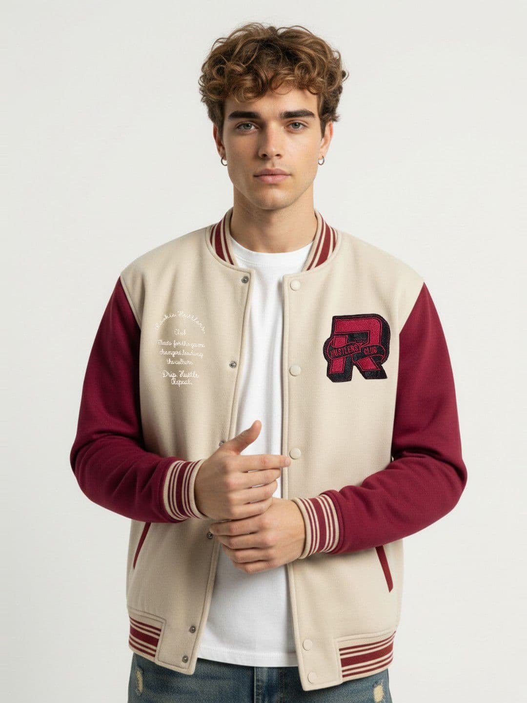glitchez Typography Applique Stand Collar Varsity Jacket - view 1