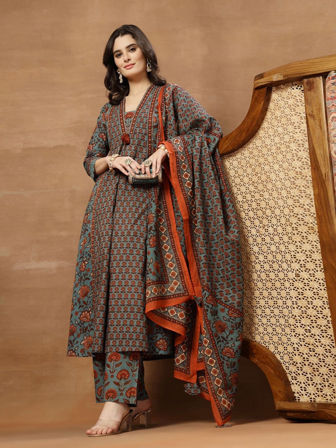 KIMAYRA Women Ethnic Motifs Printed Panelled Pure Cotton Kurta with Palazzos & With Dupatta - view 1