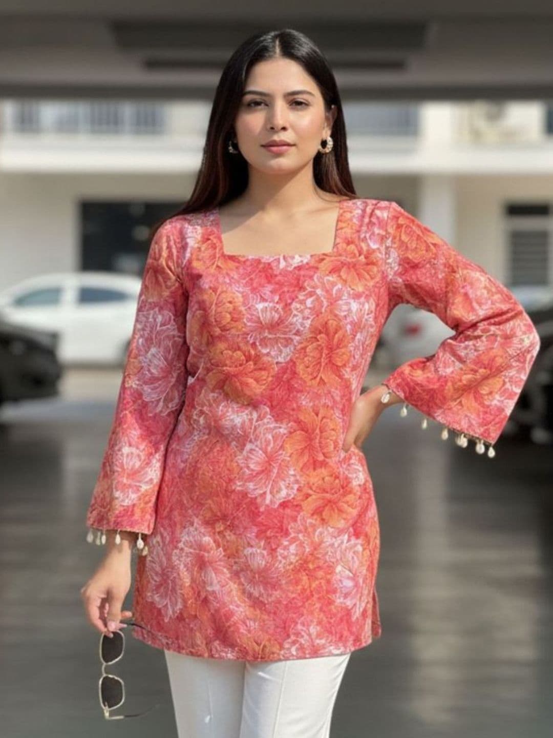 OZIA Floral Printed Square Neck Pure Cotton Kurti - view 1