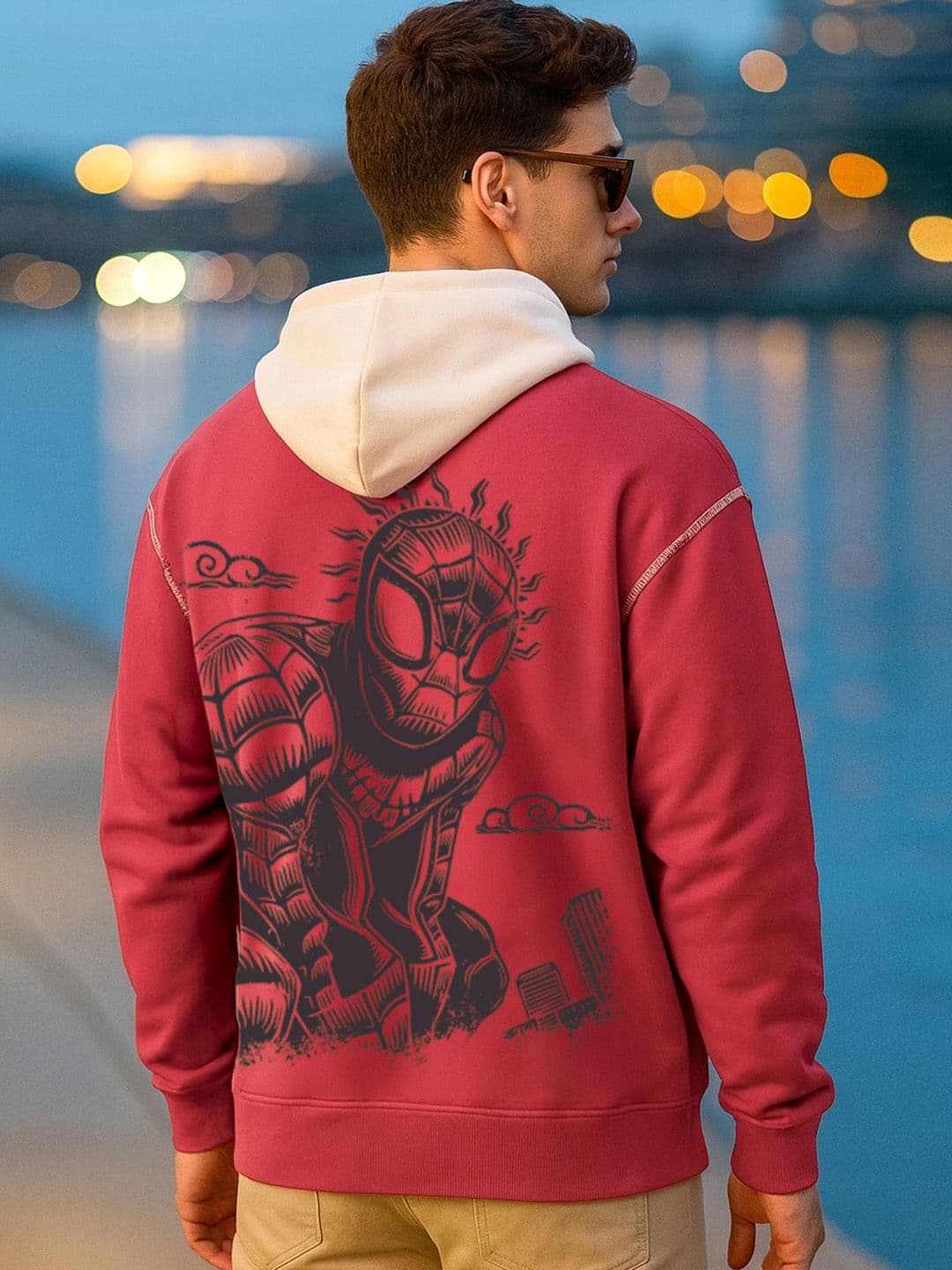 Bewakoof Men's Salsa Red Spiderman Oriental Graphic Printed Oversized Hoodie - view 1