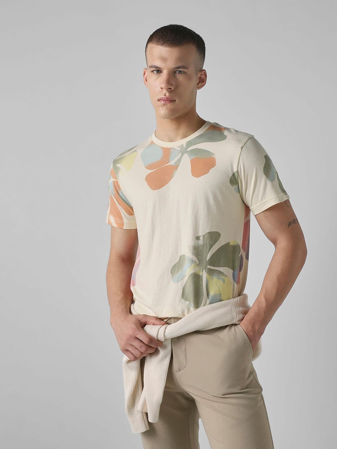 Mufti Men Floral Printed Round Neck Cotton Slim Fit T-shirt - view 1