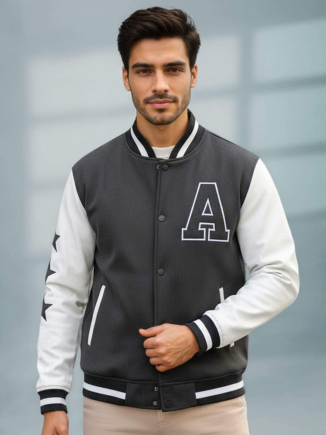 The Roadster Lifestyle Co Self Design Mandarin Collar Varsity Jacket - view 1