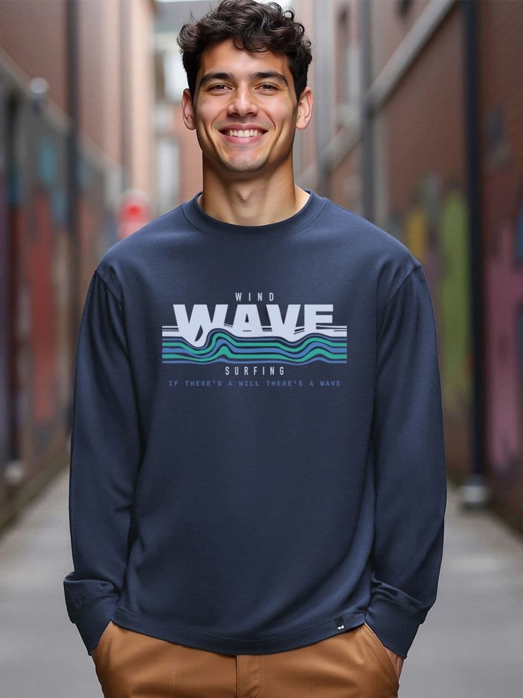 Bewakoof Men Navy Blue Wind Wave Typography Oversized T-shirt - view 1