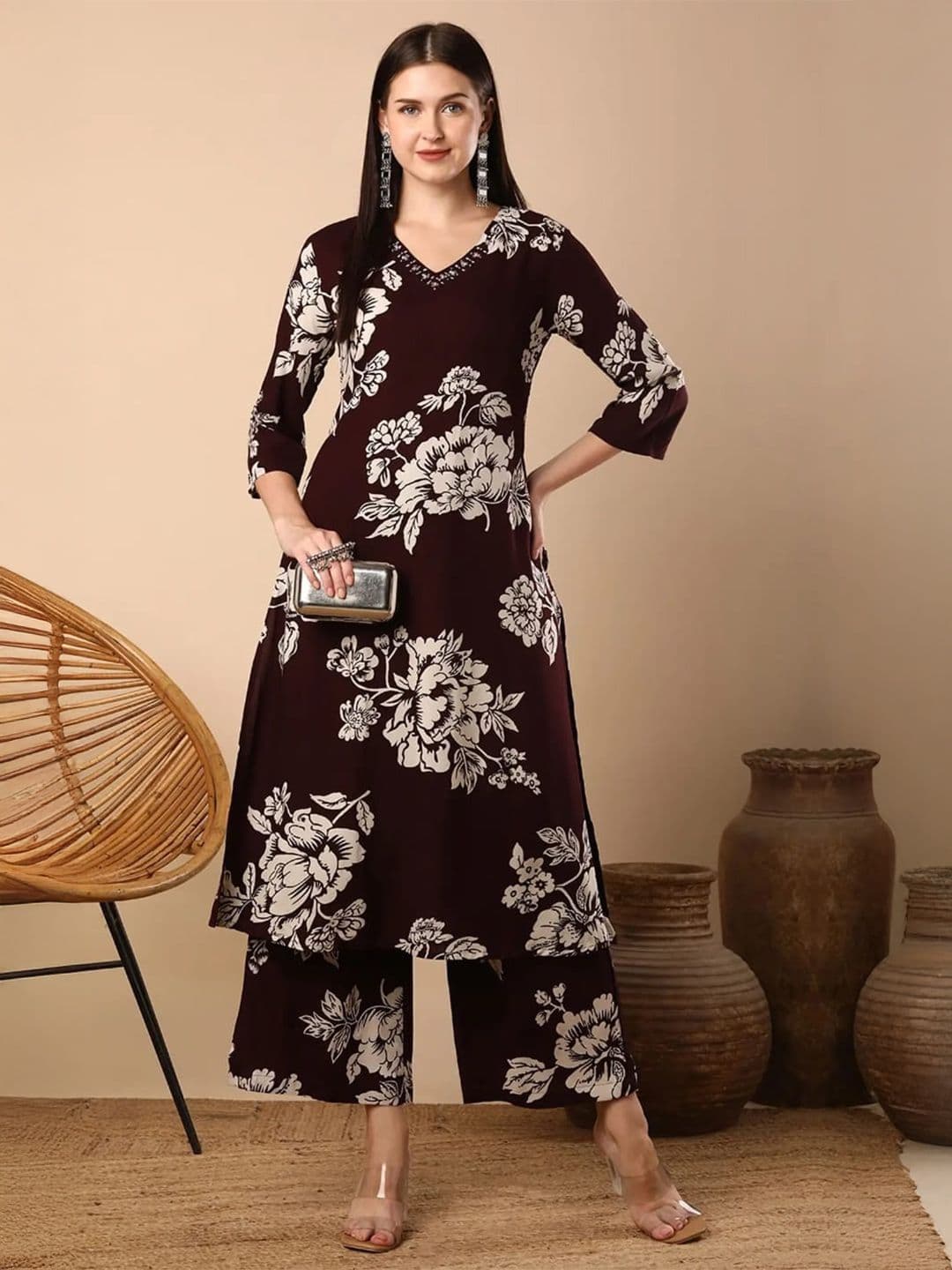 Subh LAXMI V Neck Printed Kurta With Printed Palazzos Co-Ords - view 1