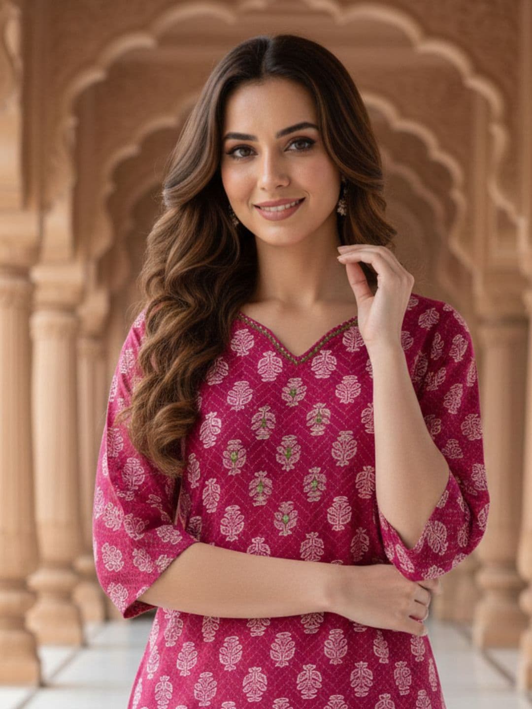 OZIA Ethnic Motifs Printed V-Neck Pure Cotton Kurti - view 1