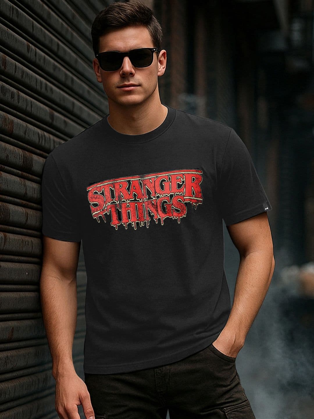 Bewakoof Men Stranger Things Jet Black Stranger Things Typography T-shirt - view 1