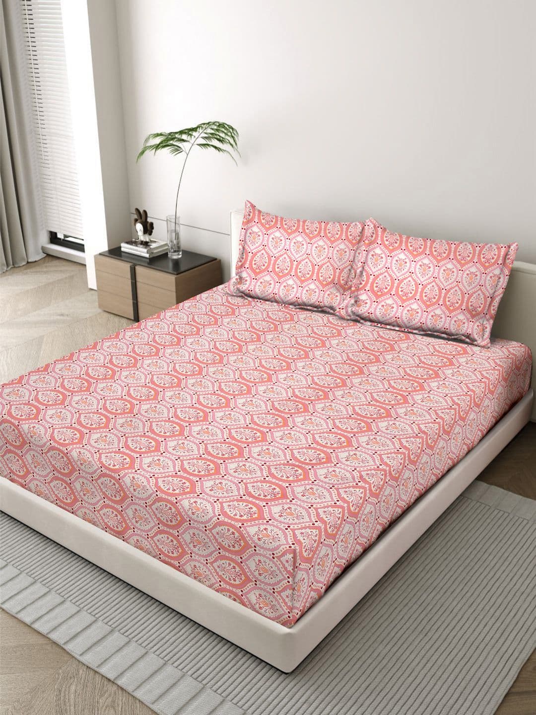 Status Pink & White Floral 300 TC Queen Bedsheet with 2 Pillow Covers - view 1