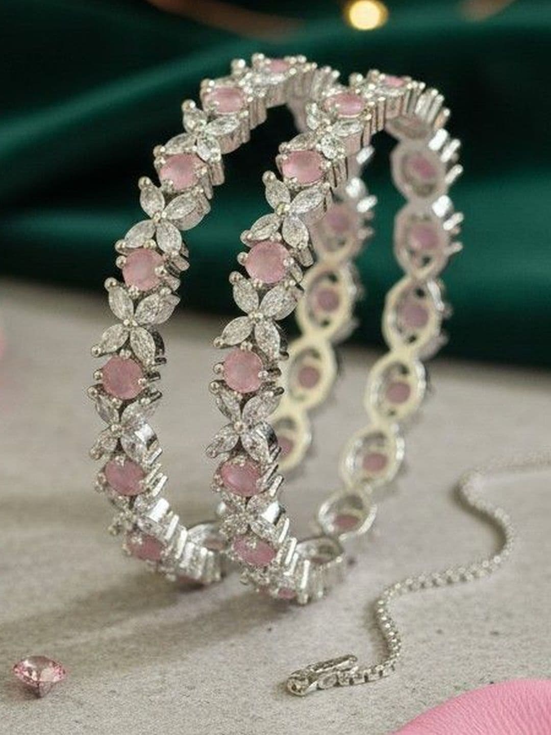 The Pari Set of 2 Rhodium-Plated American Diamond-Studded Bangle - view 1
