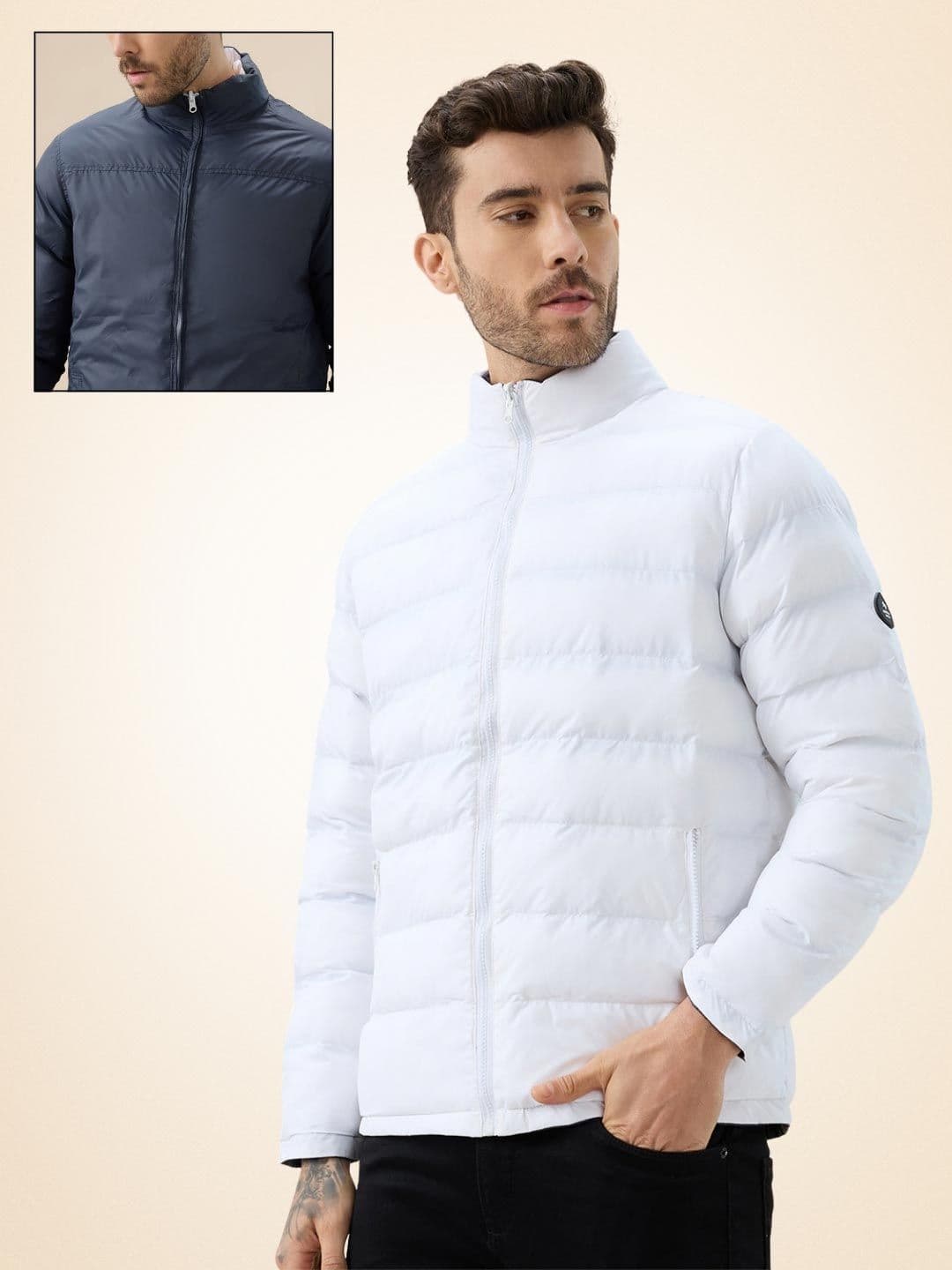 Status Quo Men Stand Collar Solid Reversible Puffer Jacket - view 1