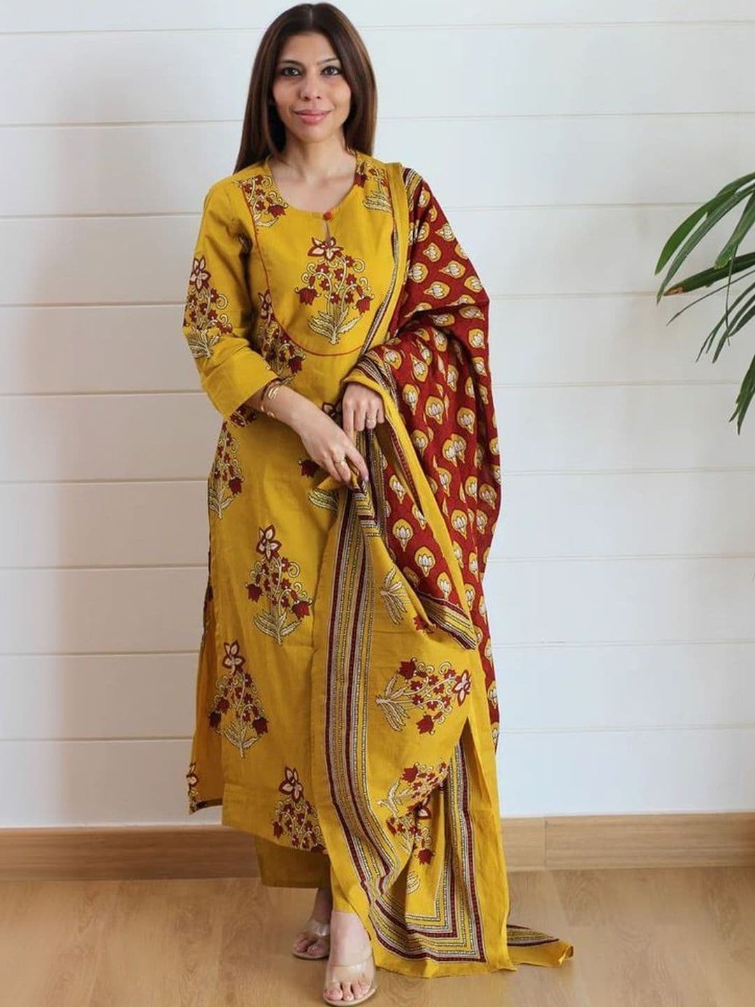 Moda Rapido Women Floral Printed Regular Chanderi Cotton Kurta with Trousers & With Dupatta - view 1