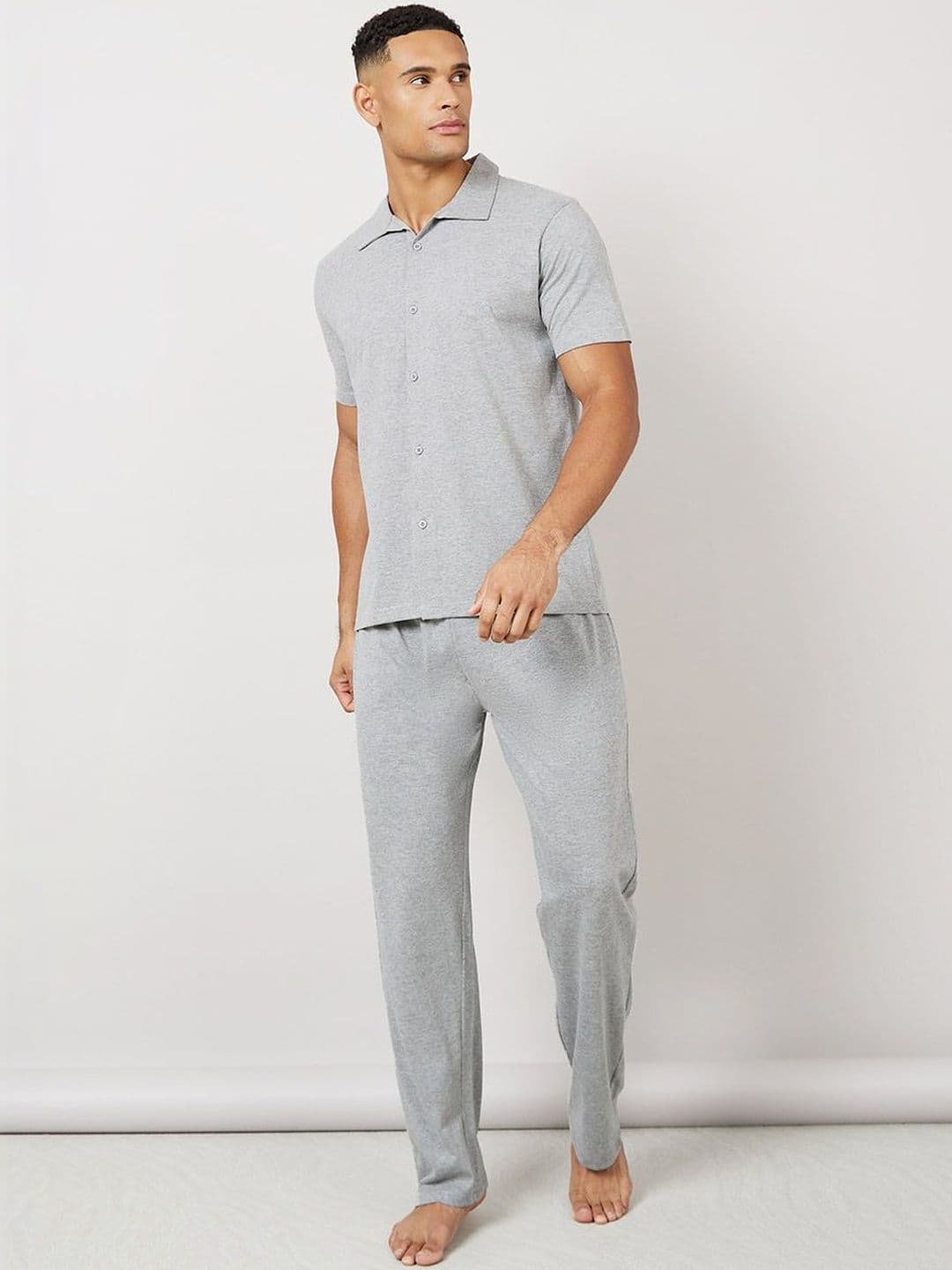 Styli Men Solid Collared Short Sleeve Shirt & Pyjama Night Suit - view 1