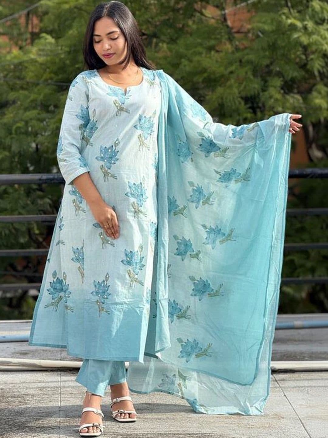 Moda Rapido Women Floral Printed Regular Chanderi Cotton Kurta with Trousers & With Dupatta - view 1