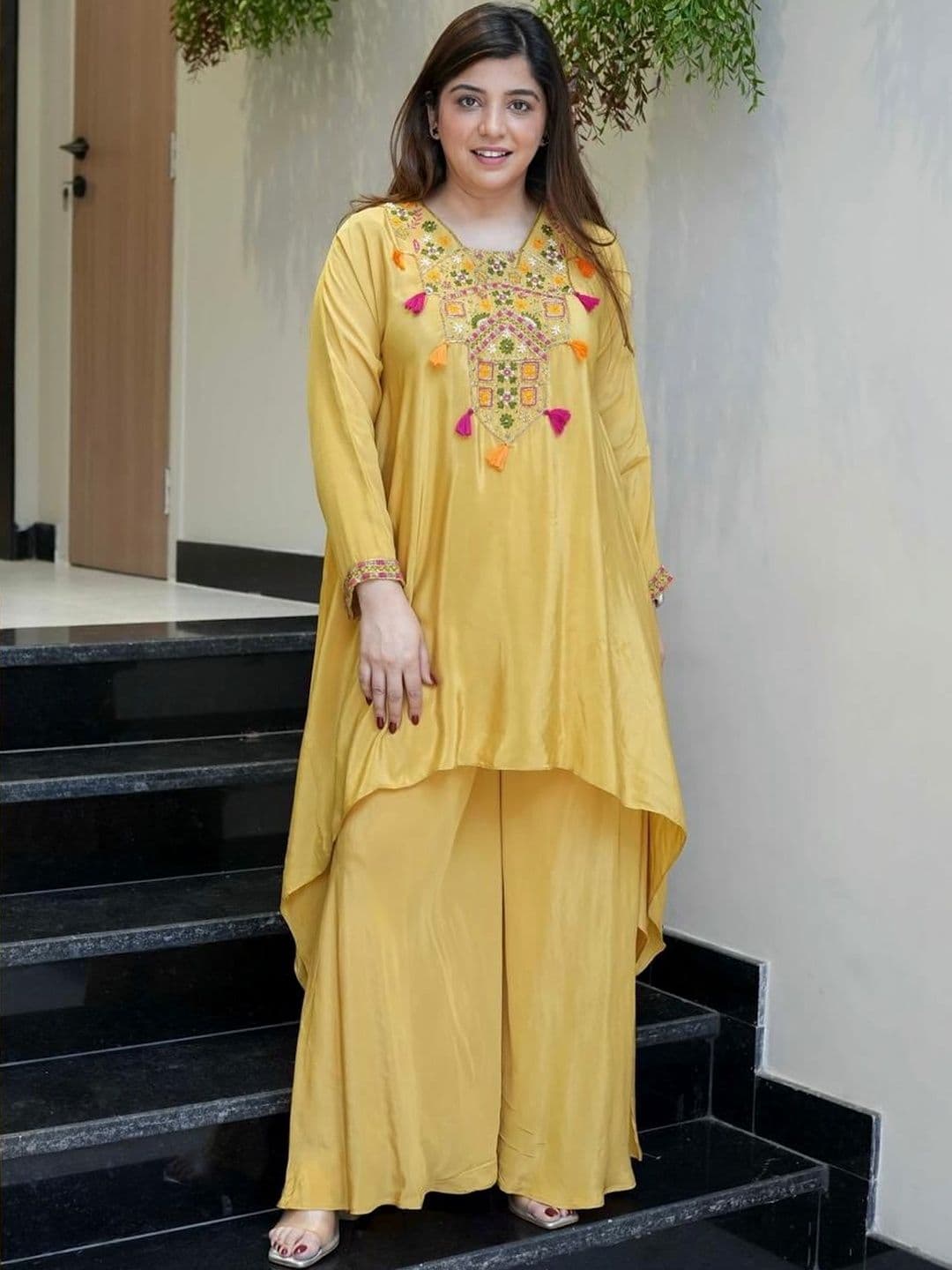Growdamy Yellow Embroidered Tunic & Palazzos Co-Ords - view 1
