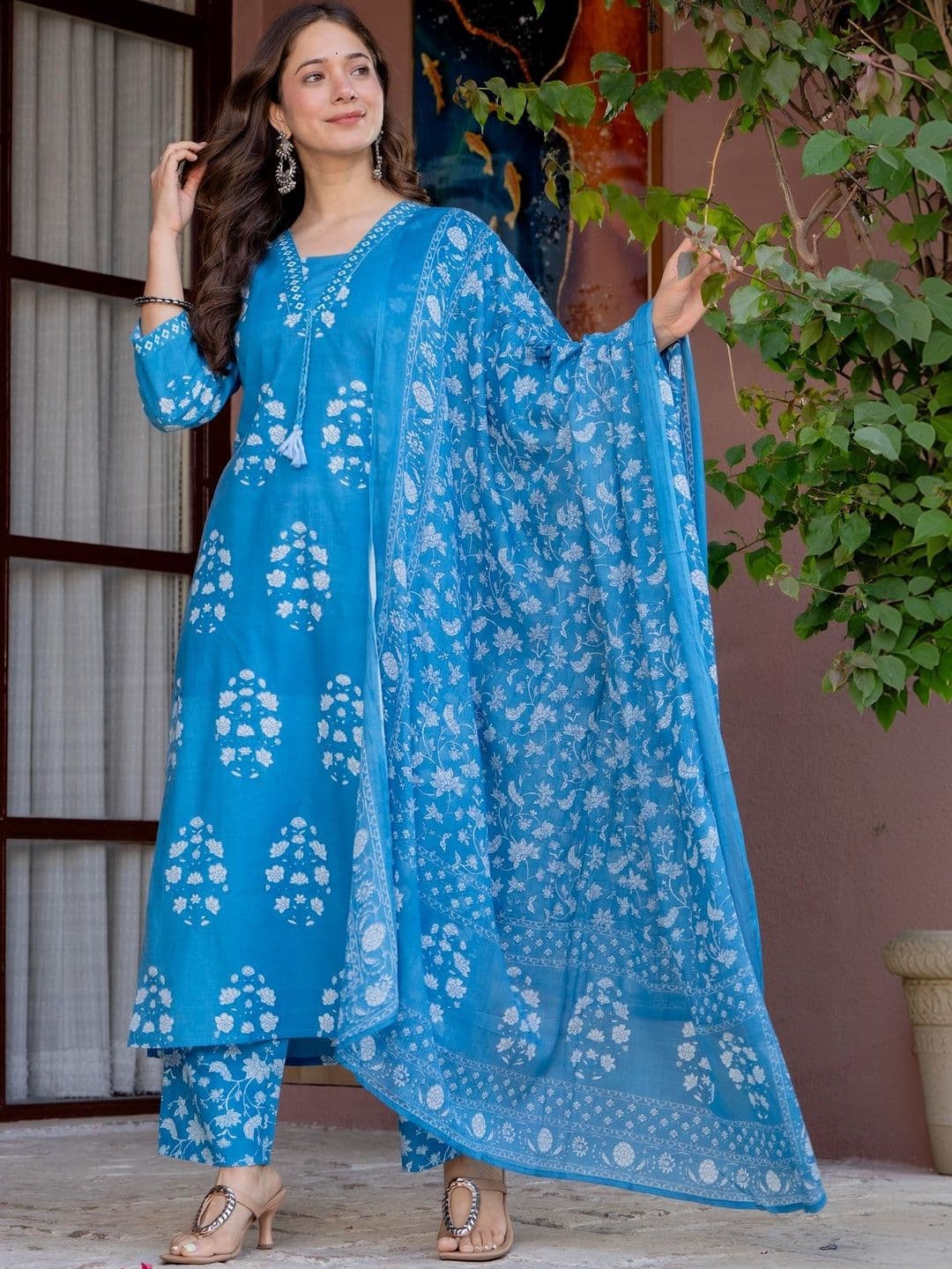 PARTHVI Women Ethnic Motifs Printed Regular Pure Cotton Kurta with Trousers & With Dupatta - view 1