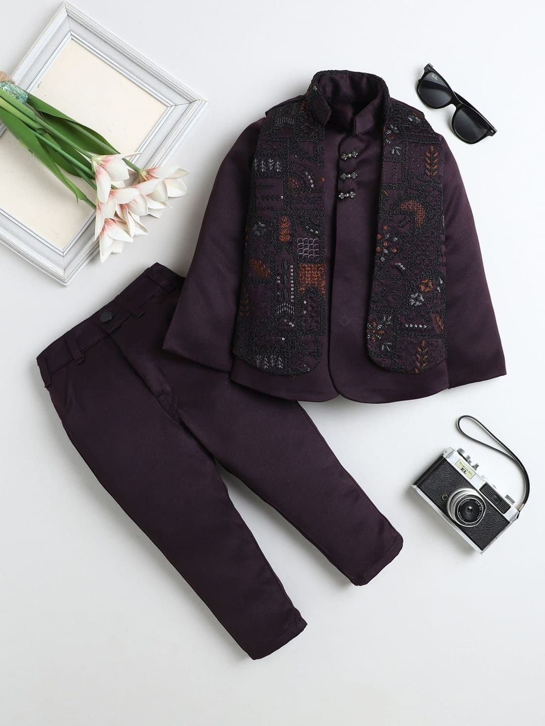 FOURFOLDS Boys Embroidered Mandarin Collar Sherwani - view 1