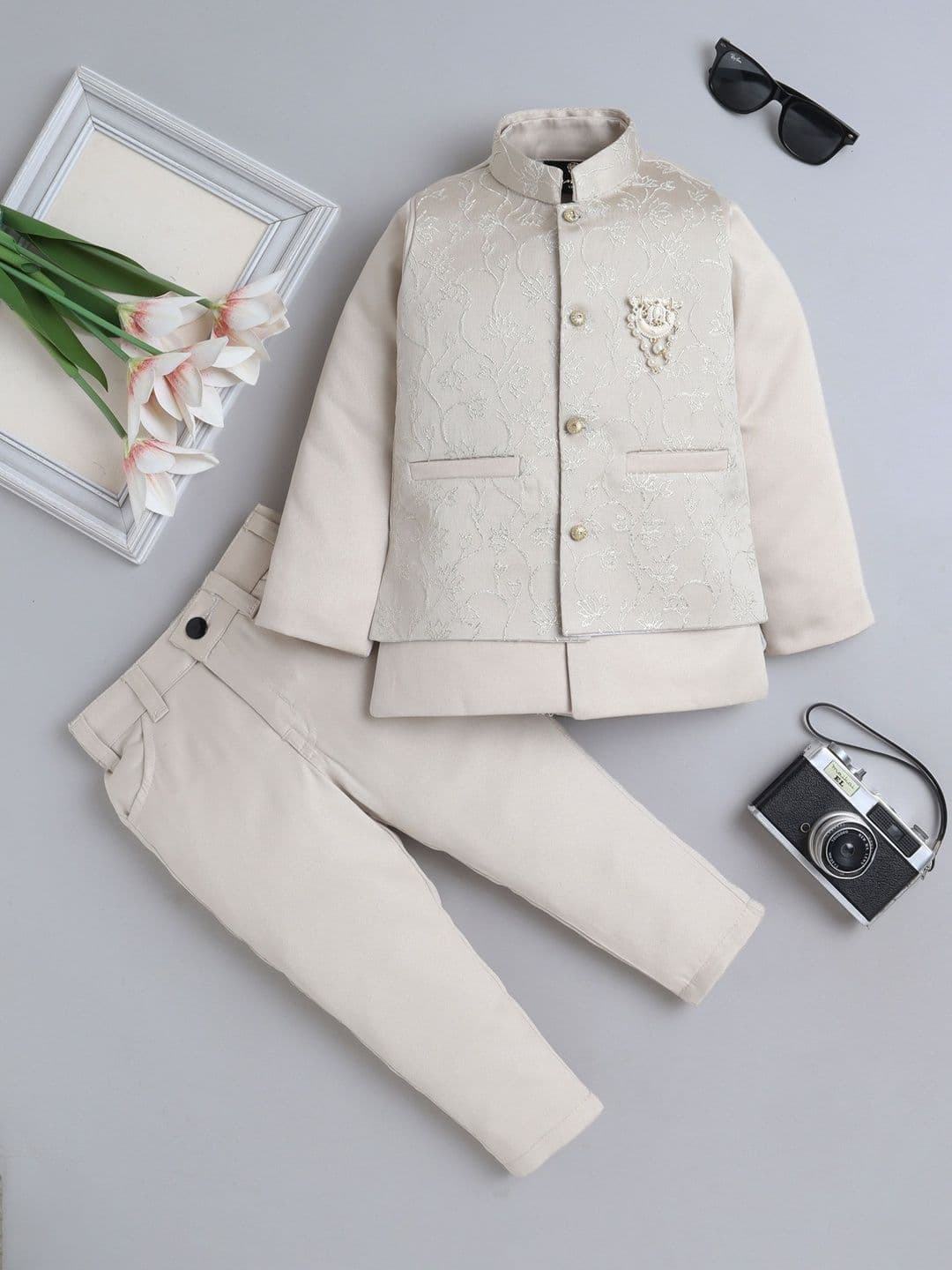 FOURFOLDS Boys Brocade Mandarin Collar Sherwani - view 1