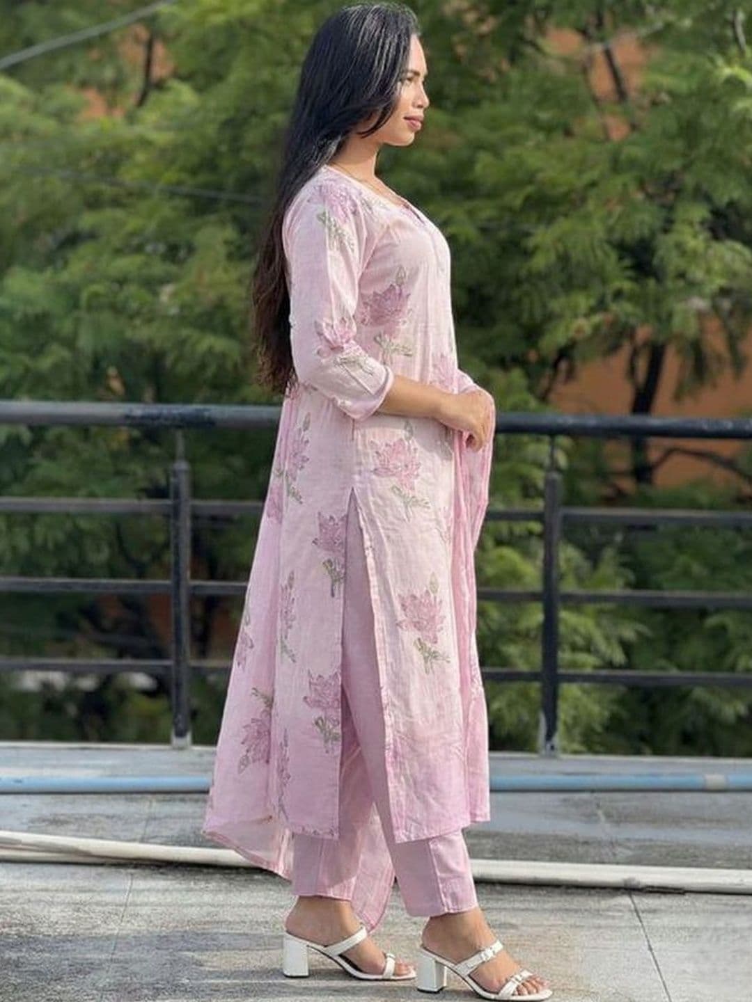 Moda Rapido Women Floral Printed Regular Chanderi Cotton Kurta with Trousers & With Dupatta - view 1