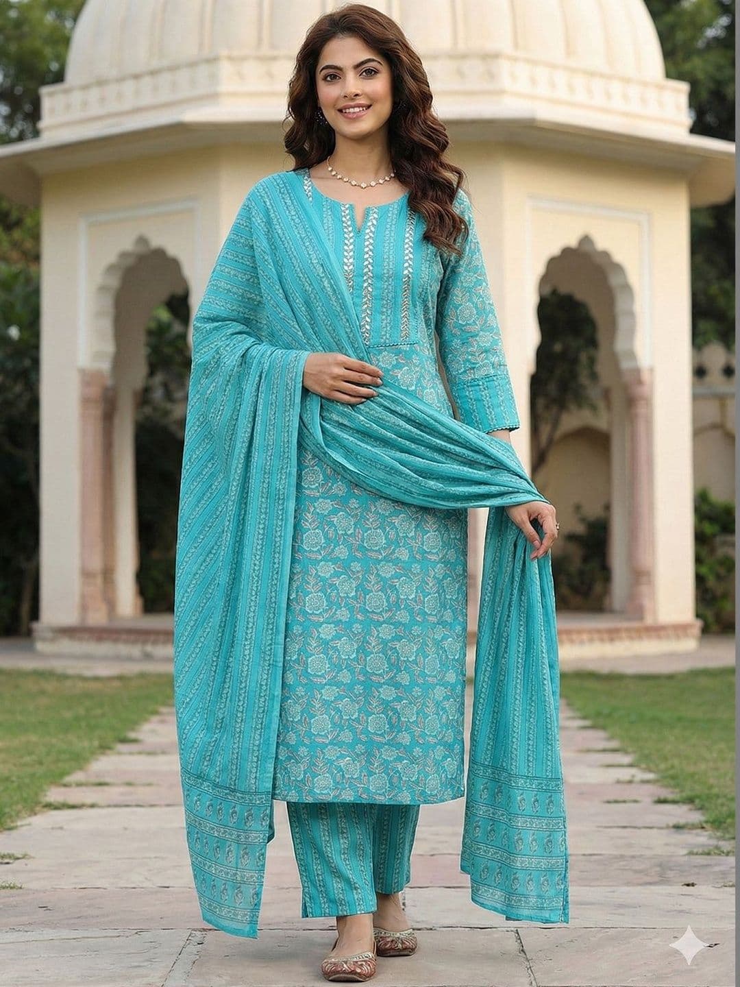 Anouk Women Floral Printed Regular Thread Work Pure Cotton Kurta with Trousers & With Dupatta - view 1
