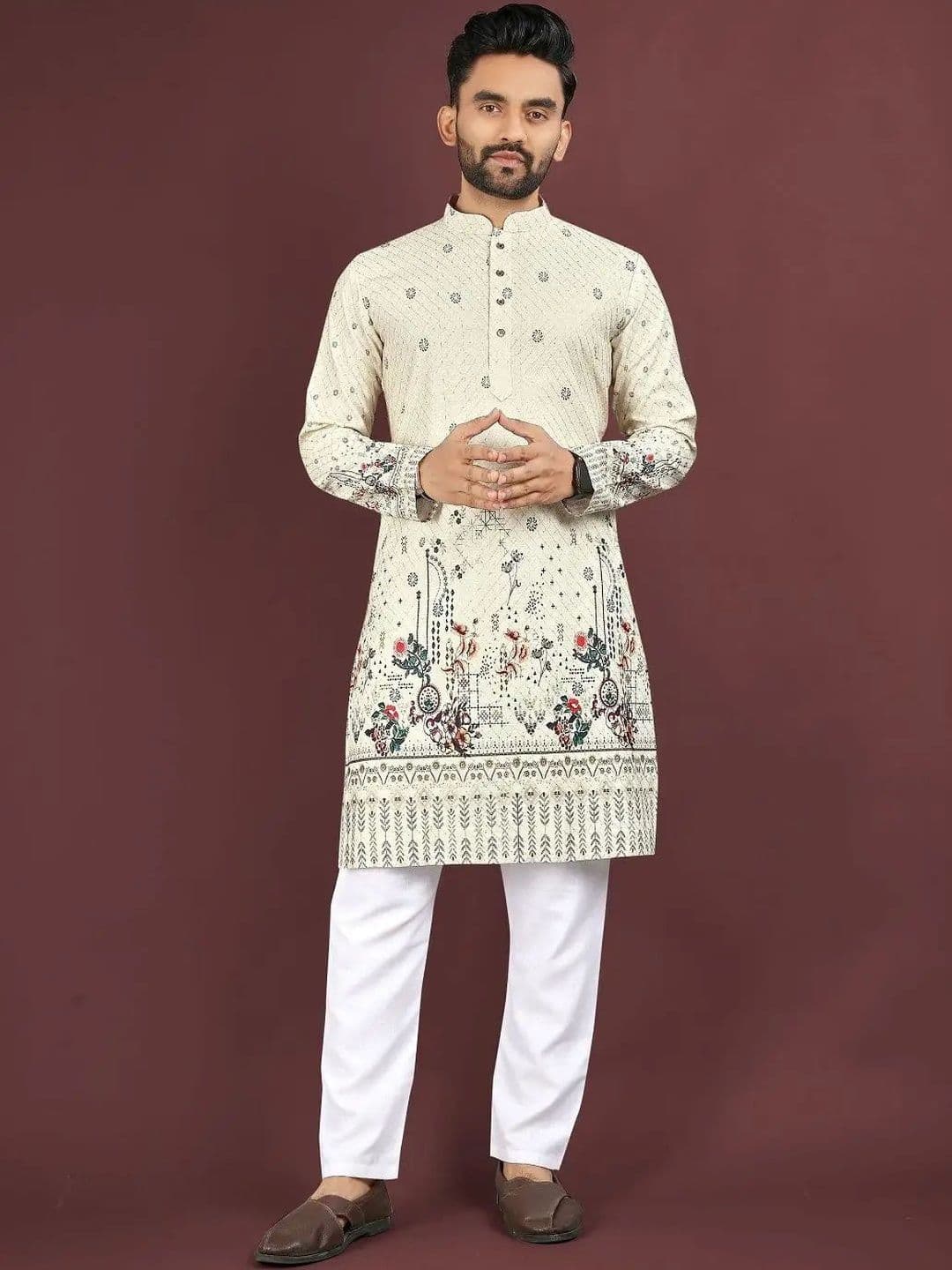 KURTA WALLAH Men Geometric Printed Thread Work Floral Kurta - view 1
