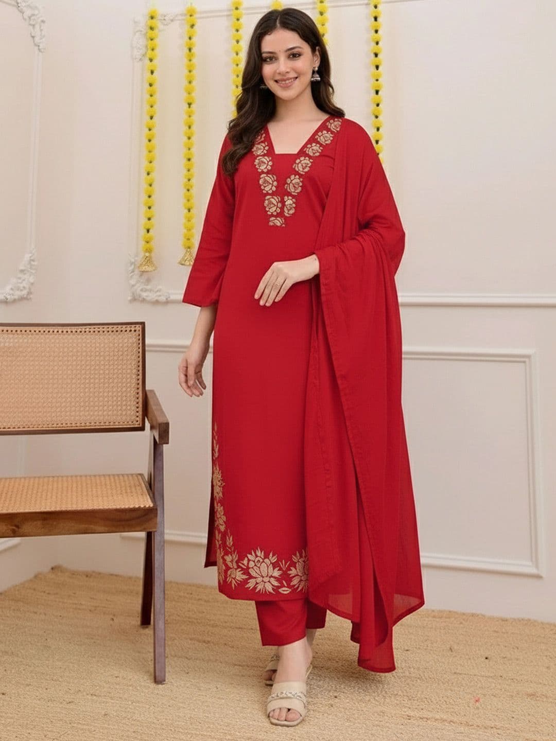 GoSriKi Women Floral Embroidered Regular Thread Work Kurta with Trousers & With Dupatta - view 1