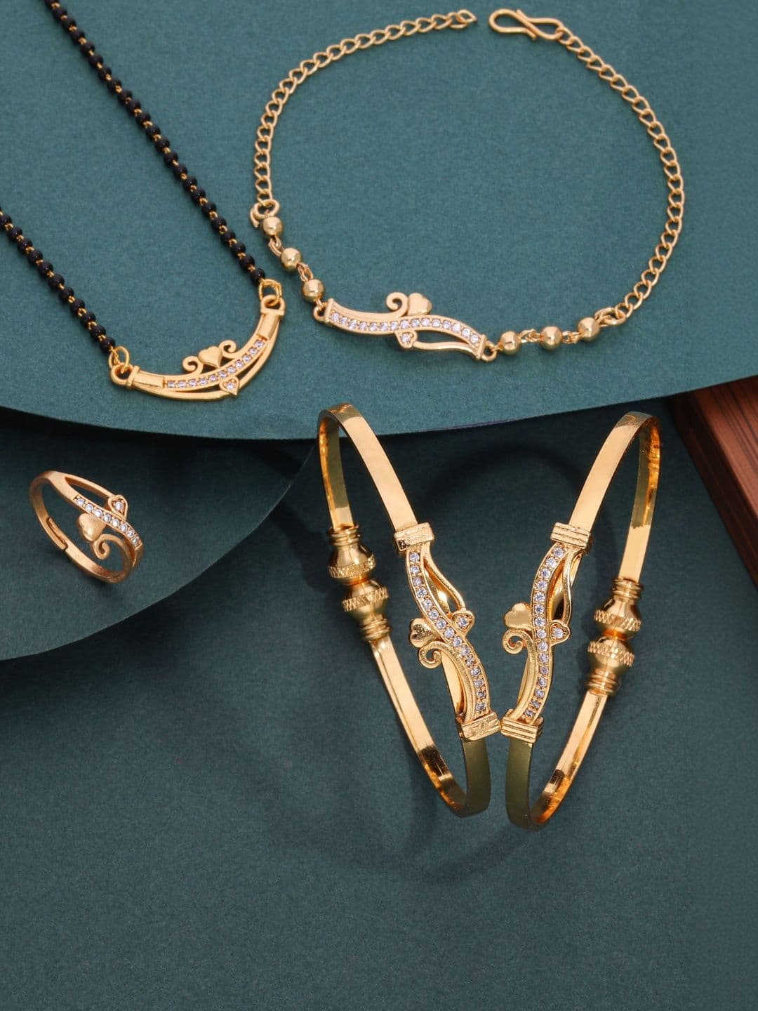 Sangria Set Of 5 Gold Plated American Diamond Studded & Beaded Mangalsutra Set - view 1