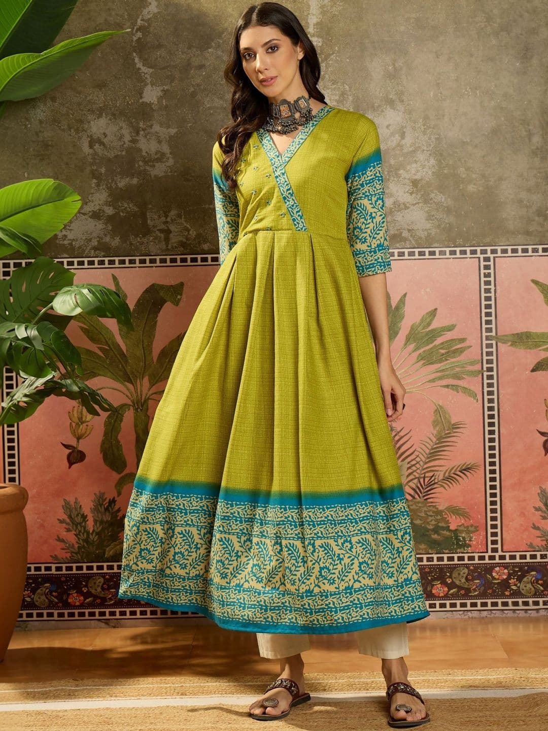 Sangria Printed V-Neck Calf Length Anarkali Kurta - view 1