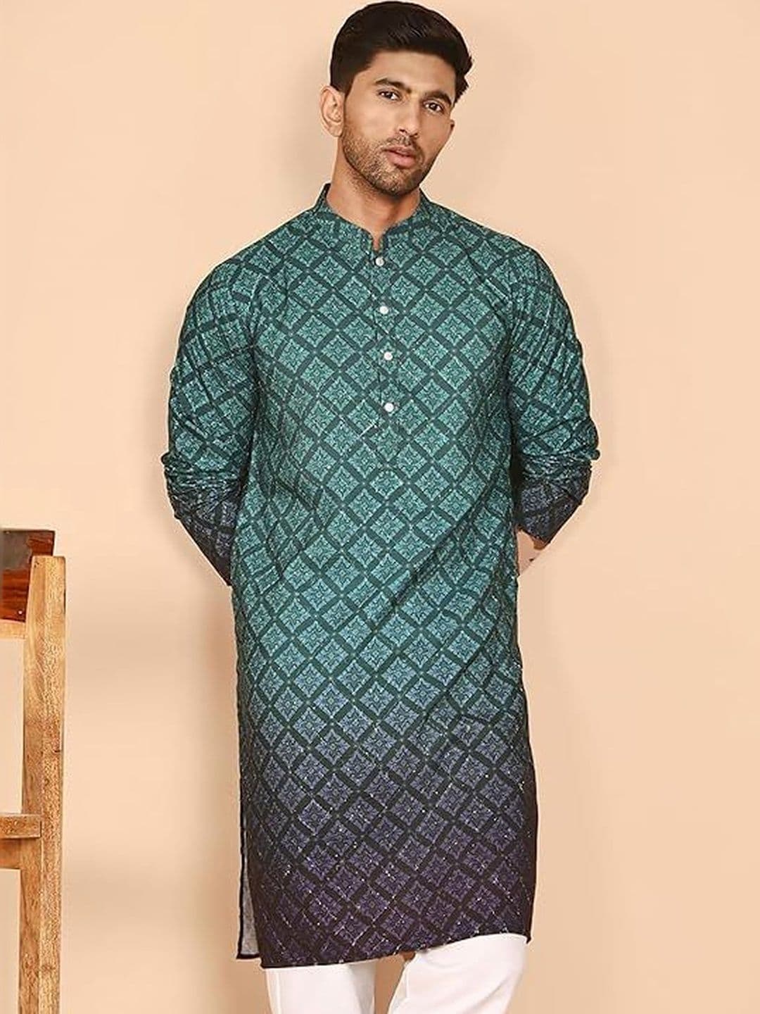 KURTA WALLAH Men Geometric Printed Thread Work Floral Kurta - view 1