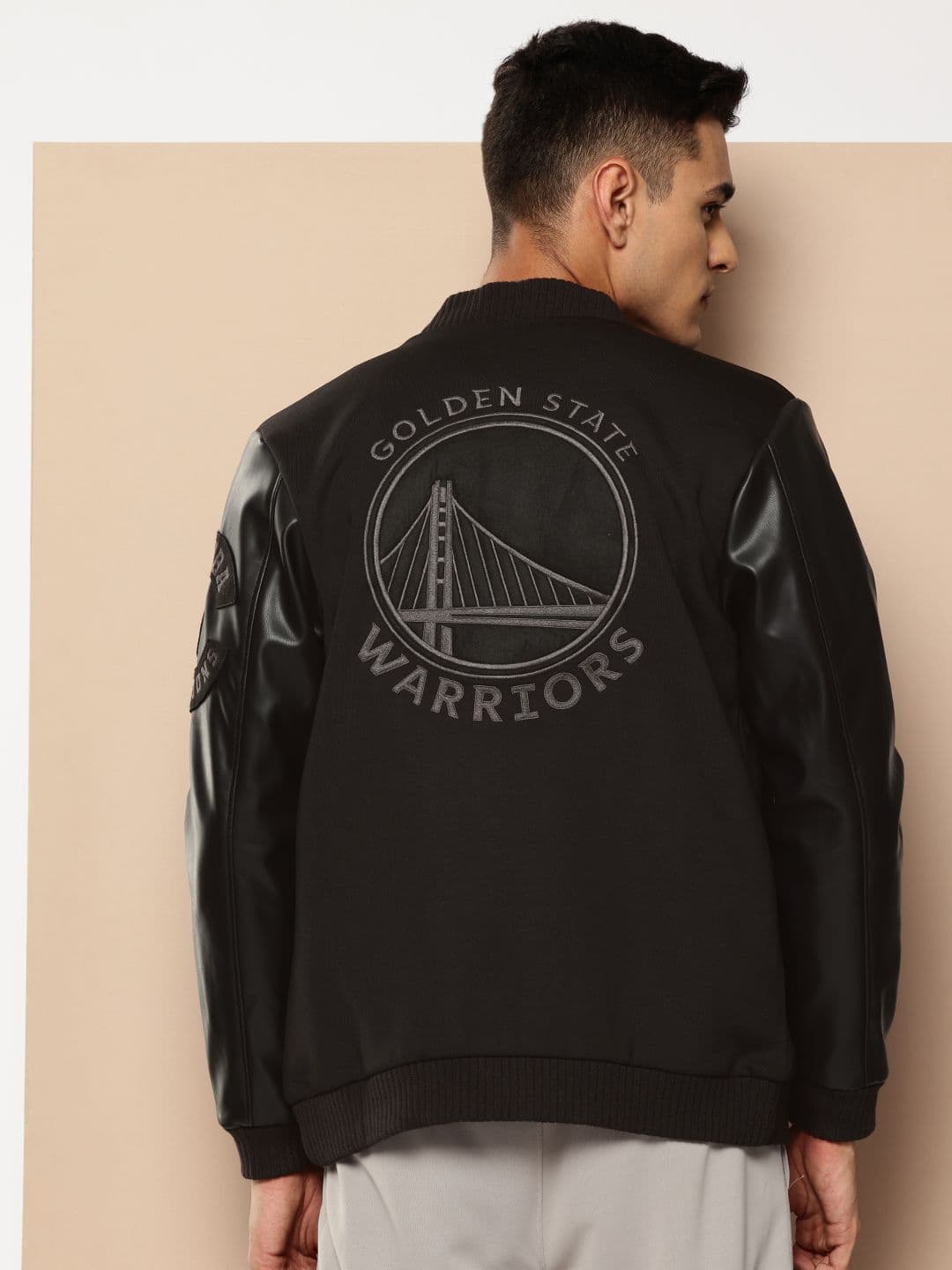 NBA Golden State Warriors Applique Detail Mandarin Collar Bomber Jacket - view 1