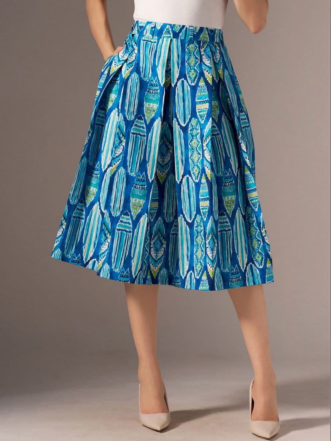 AASK Cotton Midi Flared Pleated Skirt With Belt Loop - view 1