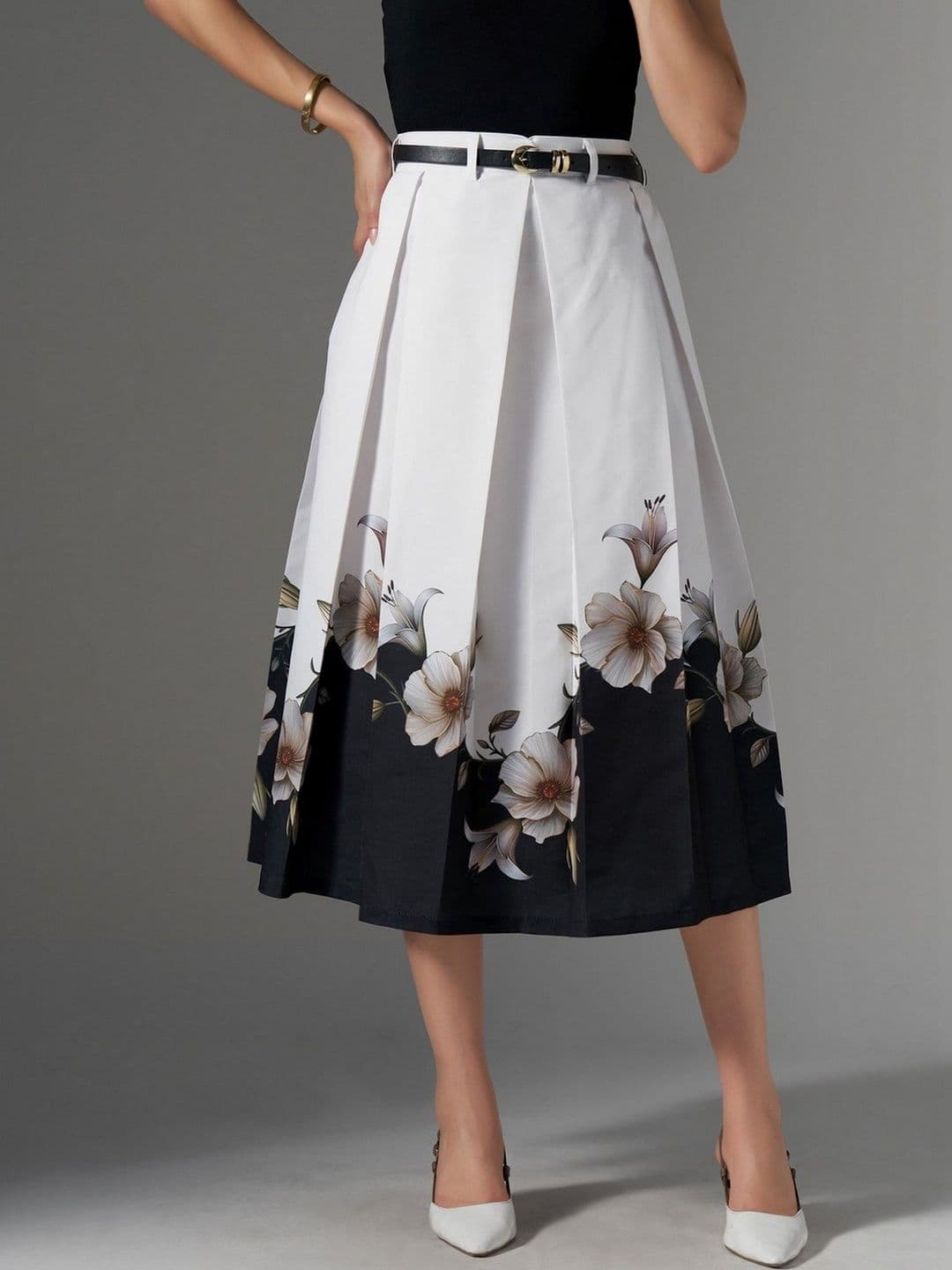 AASK Cotton Midi Flared Pleated Skirt With Belt Loop - view 1