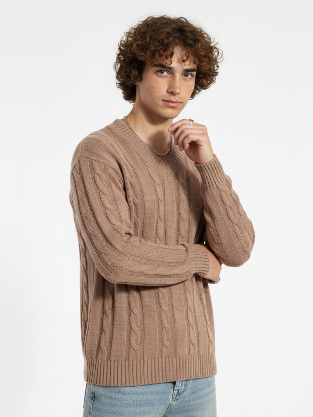 glitchez Cable Knit V-Neck Longline Pullover - view 1