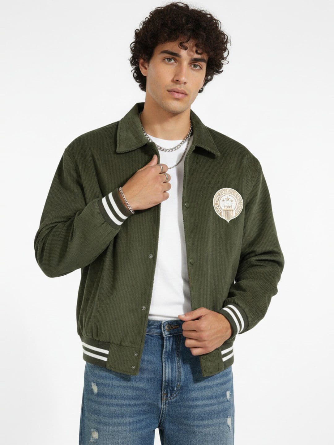 glitchez Corduroy Typography Embroidered Pure Cotton Bomber Jacket with Applique Detail - view 1