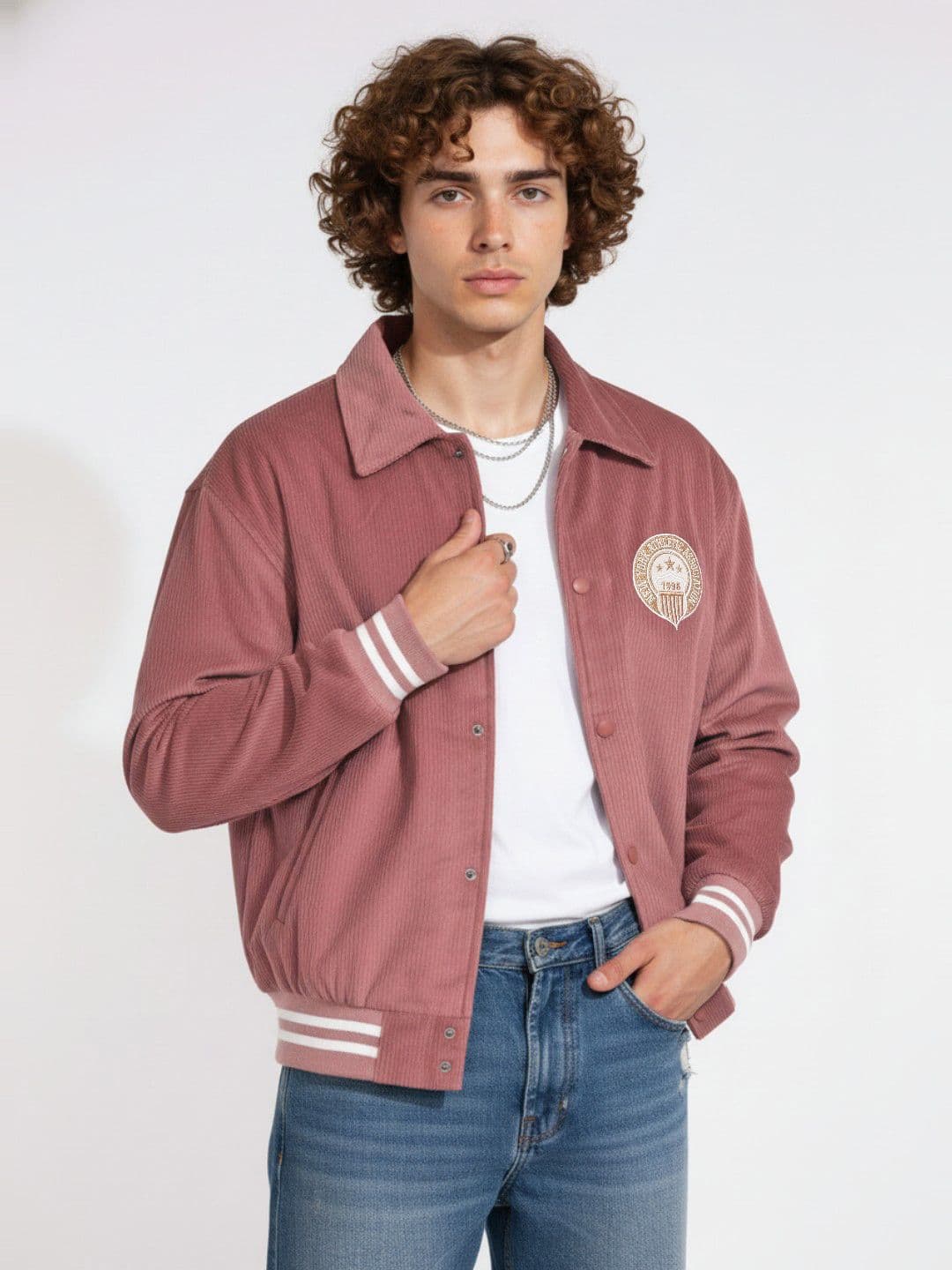 glitchez Corduroy Typography Embroidered Pure Cotton Bomber Jacket with Applique Detail - view 1
