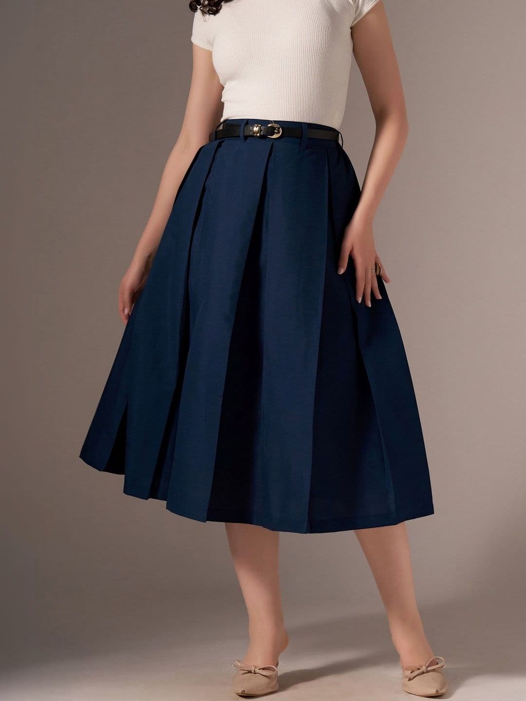 AASK Cotton Midi Flared Pleated Skirt With Belt Loop - view 1
