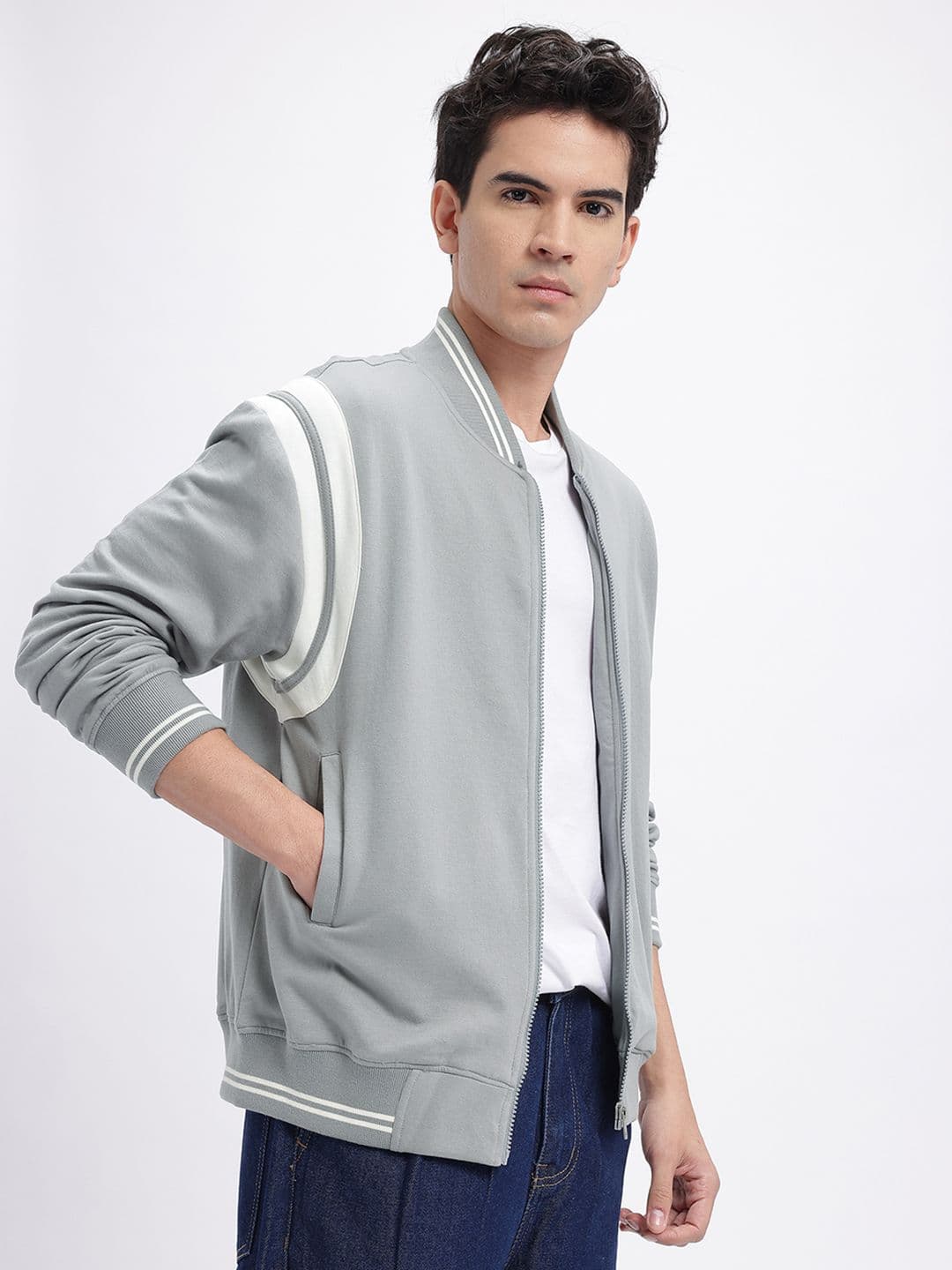glitchez Contrast Striped Fleece Varsity Jacket - view 1