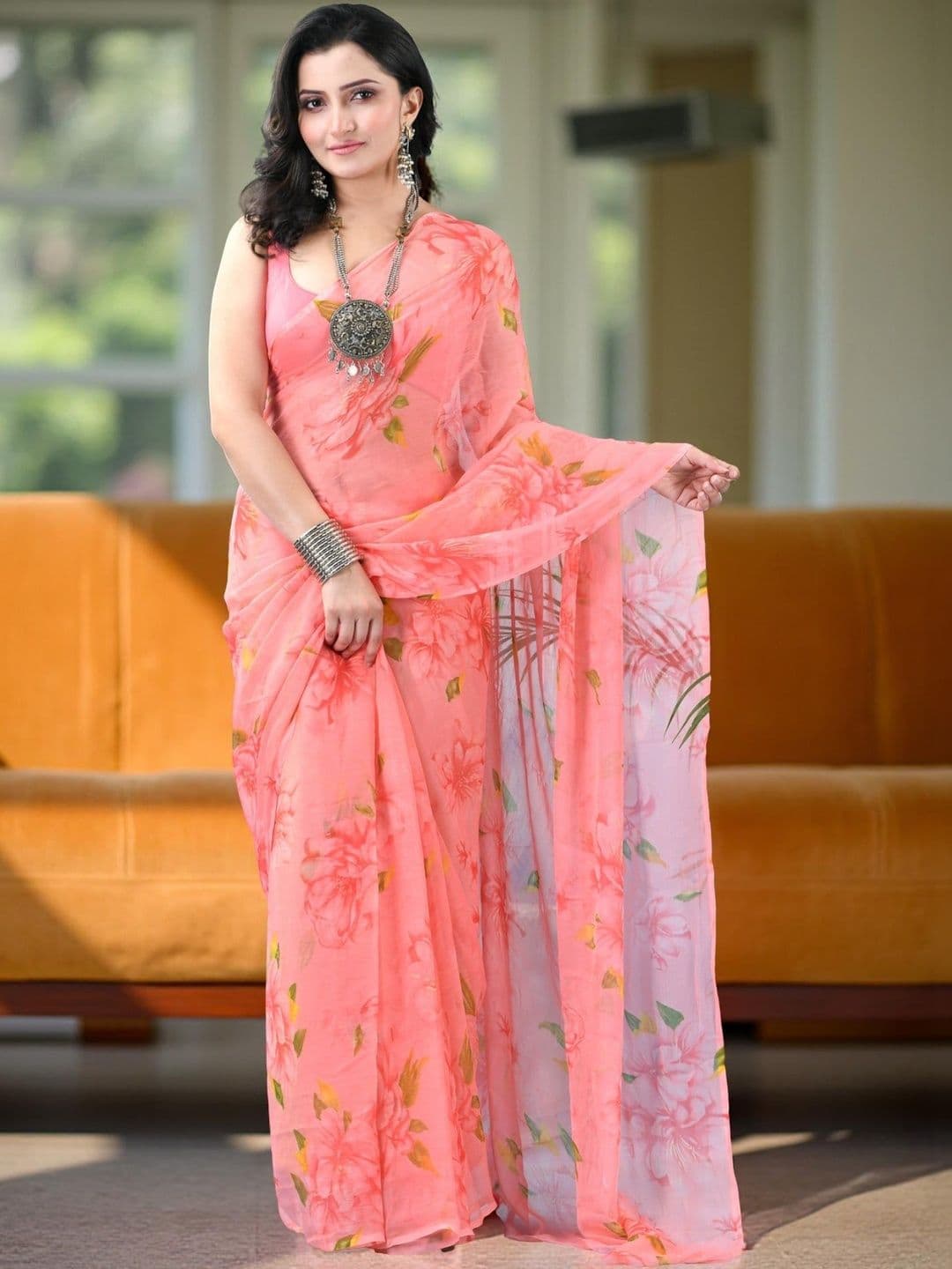 DESH BIDESH Floral Pure Chiffon Mysore Silk Saree - view 1