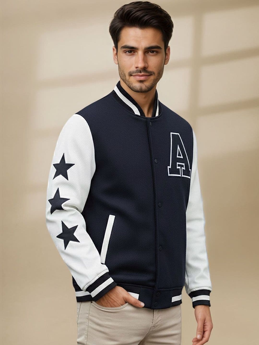 The Roadster Lifestyle Co Self Design Mandarin Collar Varsity Jacket - view 1