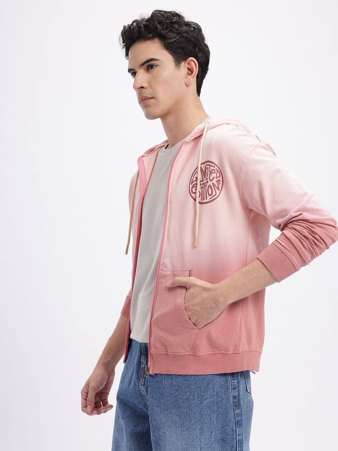 glitchez Typography Detail Ombre Hooded Terry Oversized Pure Cotton Front-Open Sweatshirt - view 1