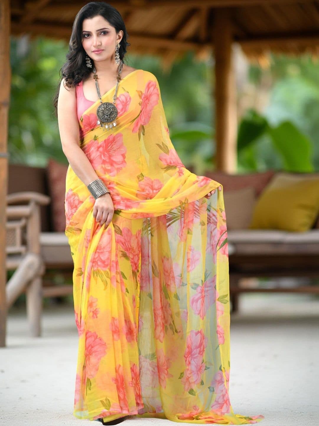DESH BIDESH Floral Pure Chiffon Mysore Silk Saree - view 1