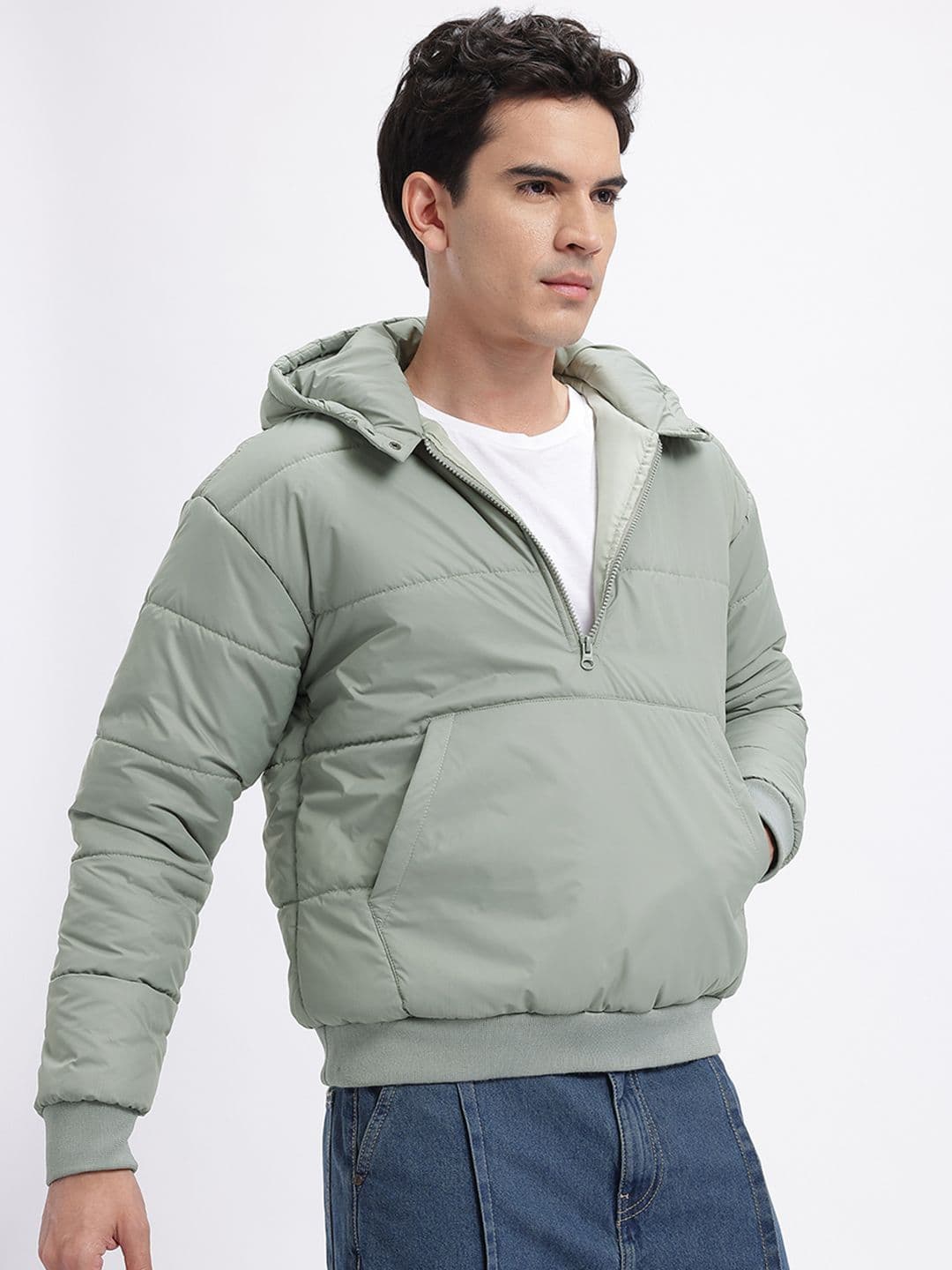 glitchez Hooded Half Zipper Oversized Fleece Bomber Jacket - view 1