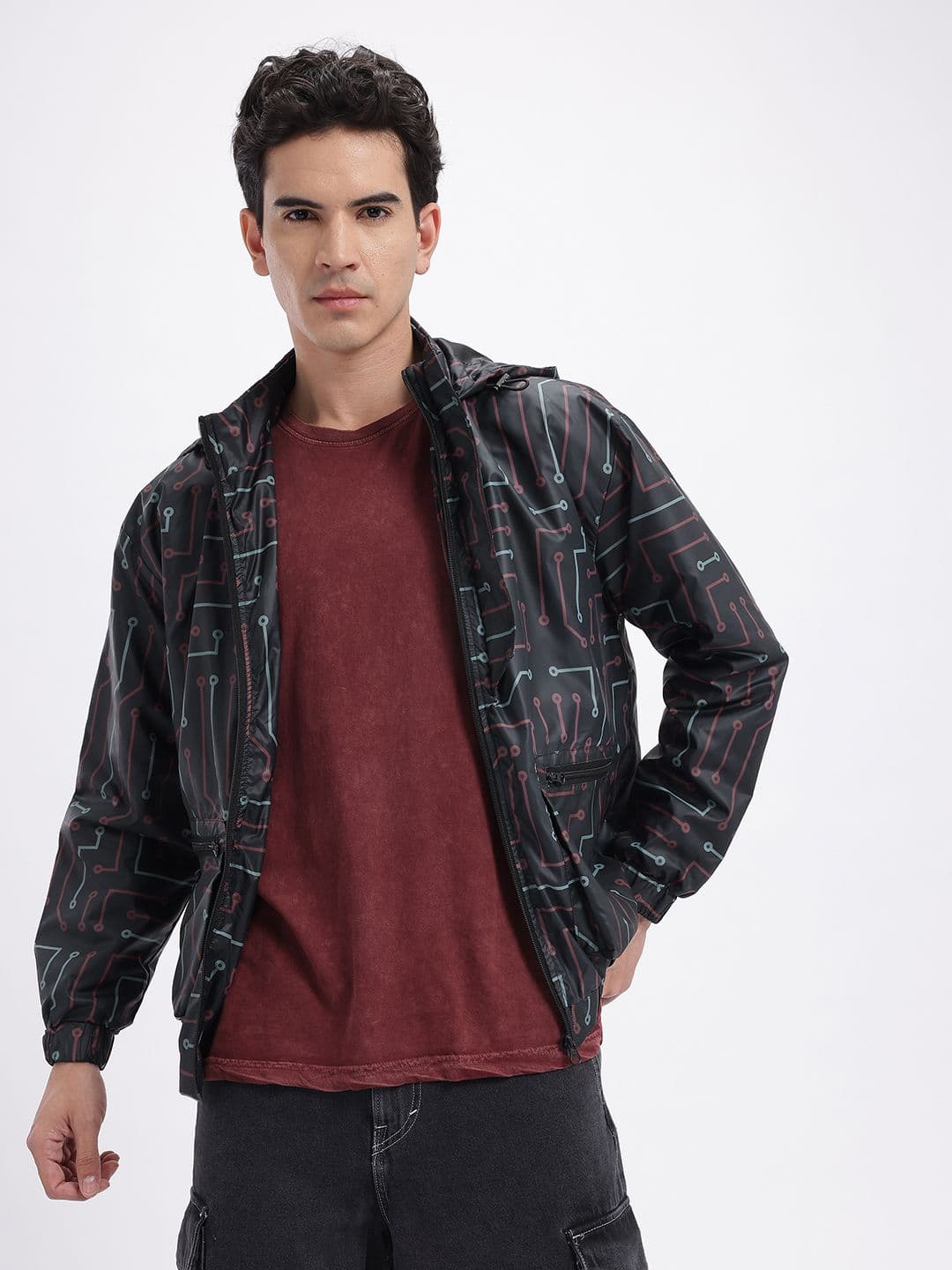 glitchez Geometric Print Hooded Oversized Bomber Jacket - view 1
