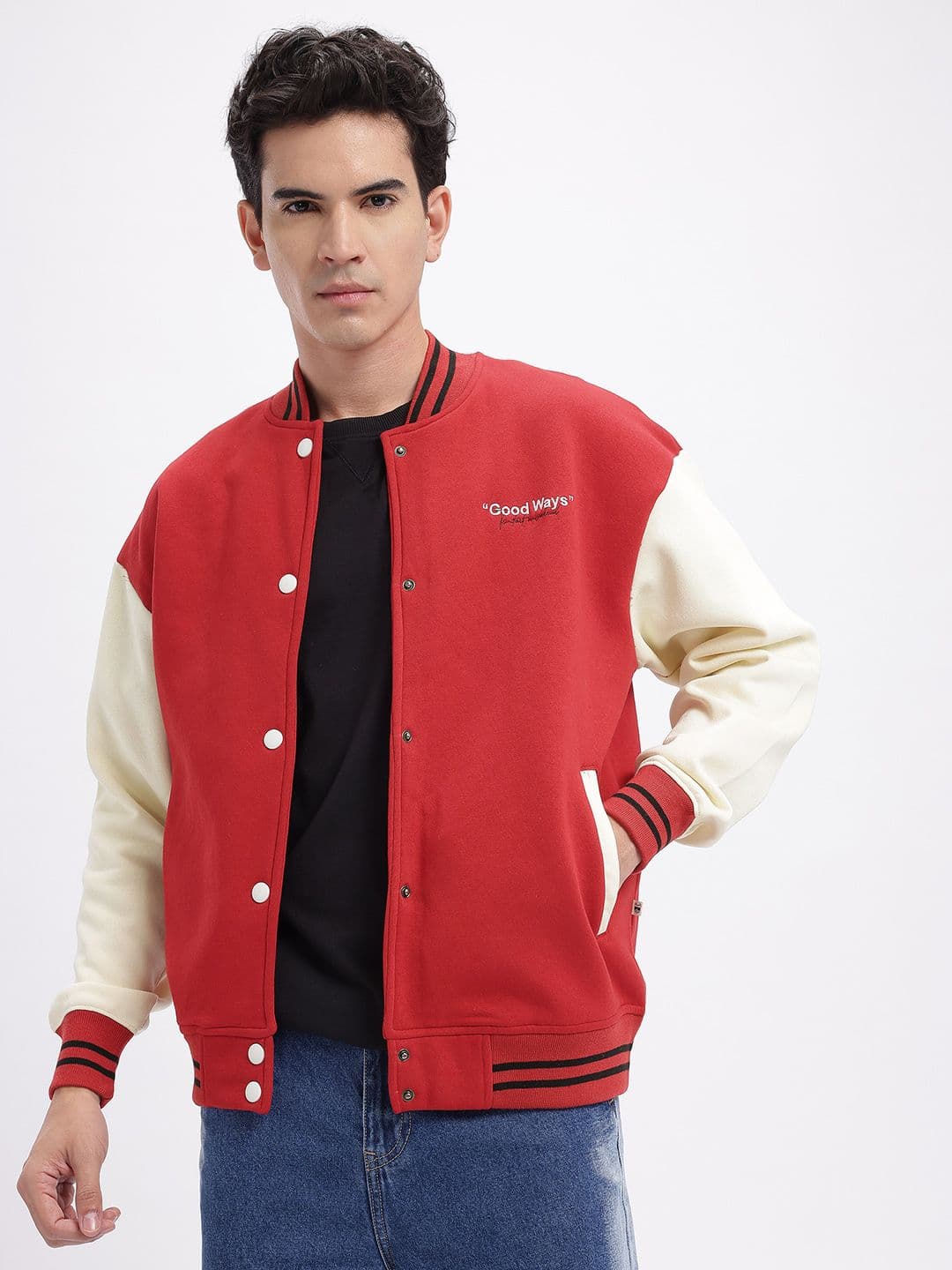 glitchez Stand Collar Relaxed Fit Fleece Varsity Jacket - view 1