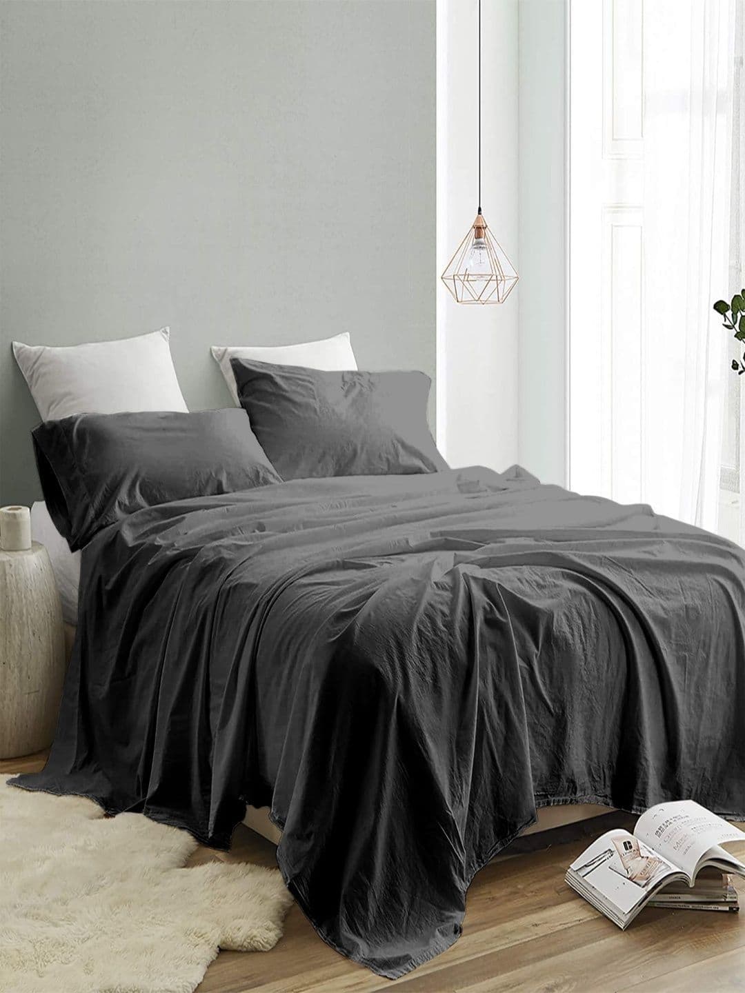 Sangria Black 300 TC King Double Bedsheet With 2 Pillow Covers-2.74 m x 2.74 m - view 1