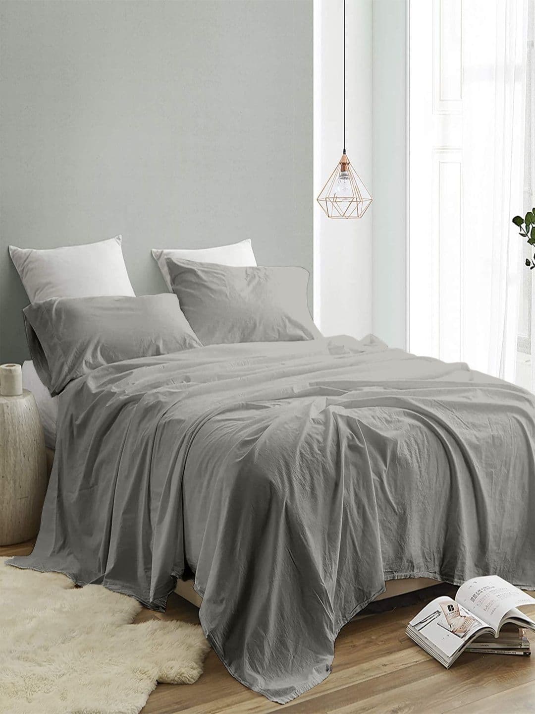 Sangria Grey 300 TC King Double Bedsheet With 2 Pillow Covers-2.74 m x 2.74 m - view 1