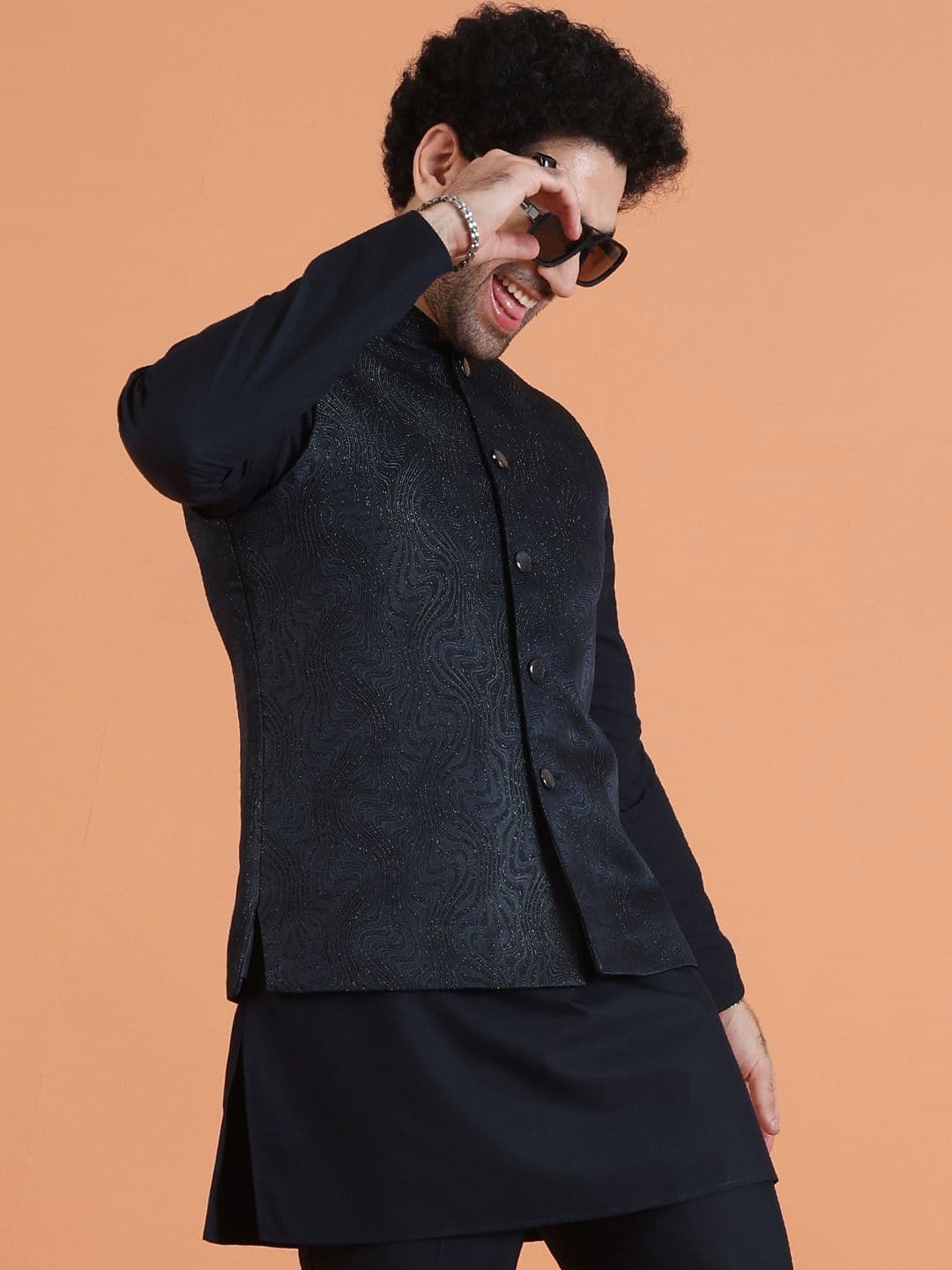 KISAH Men Black Nehru Jacket Subtle Metallic Textured Pattern Elegant Ethnic Layer - view 1