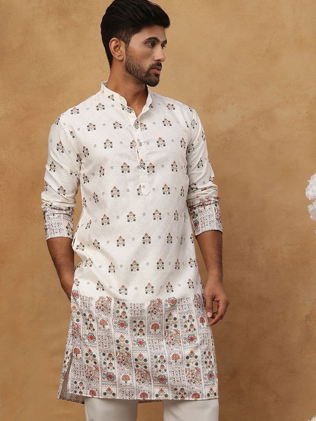 House of Pataudi Printed Cotton Mandarin Collar Knee Length Straight Kurtas - view 1