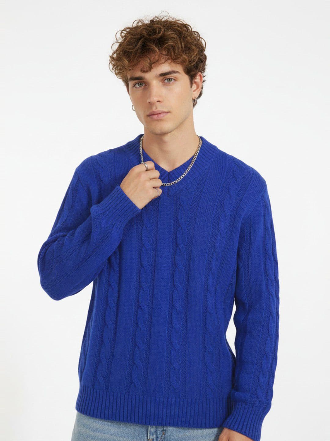 glitchez Cable Knit V-Neck Longline Pullover - view 1